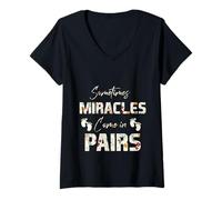 Womens Sometimes Miracles Come in Pairs Twin Mom Dad Sibling Funny V-Neck T-Shirt