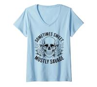 Women's Sometimes Sweet Mostly Savage Retro Rose and Skull Design V-Neck T-Shirt