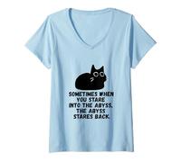 Womens Sometimes When You Stare Into The Abyss Black Sketch Cat V-Neck T-Shirt
