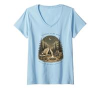 Women's Somewhere in the Pines Campfire Moon Forest Design V-Neck T-Shirt