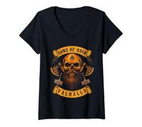 Womens SONS of Odin- Valhalla Vikings Norse Skull Beard - Mjoelnir V-Neck T-Shirt