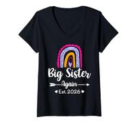 Womens Soon To Be Big Sister Again 2026 Baby Announcement Rainbow V-Neck T-Shirt