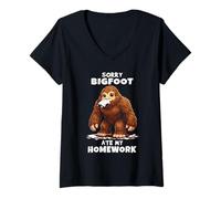 Women's Sorry Bigfoot Ate My Homework Funny Student Quote School V-Neck T-Shirt
