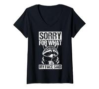 Women's Sorry for What My FACE Said Cool Raccoon with Drink V-Neck T-Shirt