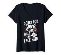 Women's Sorry for What My FACE Said Funny Raccoon with Drink V-Neck T-Shirt