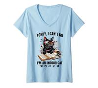 Womens Sorry I Can't Go I'm an Indoor Cat Funny Anime Cats V-Neck T-Shirt
