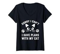 Women's Sorry I Can't I Have Plans with My Cat Kityy Lover Introvert V-Neck T-Shirt