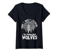 Women's Sorry I Wasn't Listening Thinking About Wolves Howl Moon V-Neck T-Shirt