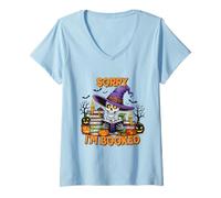 Womens Sorry I'm Booked Skeleton Shirt Witch Hat Books Candles V-Neck T-Shirt