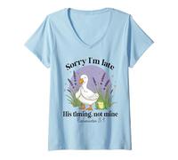 Womens Sorry I'm Late His-Timing Not Mine Christian Goose Bible V-Neck T-Shirt