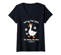 Womens Sorry I'm Late His-Timing Not Mine Christian Goose Bible V-Neck T-Shirt