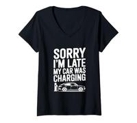 Womens Sorry I'm Late My Car was Charging Electric Vehicle Humor V-Neck T-Shirt