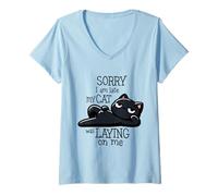 Women's Sorry I'm Late My Cat was Laying On Me Funny Cat Lover V-Neck T-Shirt