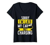 Women's Sorry My car was Charging Funny Present Electric car Owner V-Neck T-Shirt