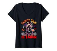 Womens Sorry This Witch Is Taken Halloween Cute Witch On Broomstick V-Neck T-Shirt