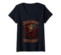 Womens Sorta Merry Scary Skeleton Santa Funny Christmas Graphic V-Neck T-Shirt