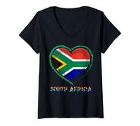 Women's South Africa Flag Heart Rustic Pride Art Graphic V-Neck T-Shirt