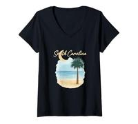 Womens South Carolina Beach With Palmetto Tree And Crescent Moon V-Neck T-Shirt