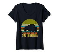 Women's South Dakota Bison Retro Sunset Wildlife Vacation Vibe V-Neck T-Shirt