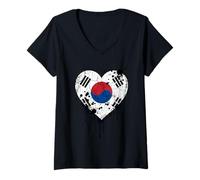 Women's South Korea Flag Heart Drip Paint Splatter V-Neck T-Shirt