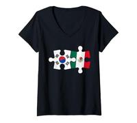 Women's South Korea Mexico - Puzzle Flag Distressed Design V-Neck T-Shirt