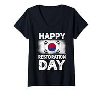 Womens South Korea Restoration Day Gwangbokjeol South Korean Flag V-Neck T-Shirt