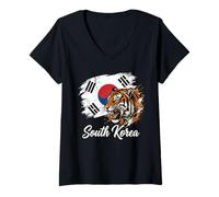 Women's South Korea Tiger Roaring Flag V-Neck T-Shirt