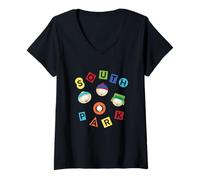 Womens South Park Multi Color Friend Group Faces V-Neck T-Shirt