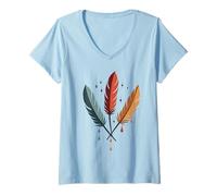 Women's Southwest Native American Indian Tribal Art Feathers V-Neck T-Shirt