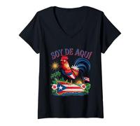 Women's Soy De Aqui Puerto Rico Rooster Flag Graphic V-Neck T-Shirt