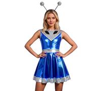 Womens Space Alien Costume Outer Space Cadet Cosplay Outfits Dress with Hairhoop Womens Alien Cosplay Costume Outer Space Shiny Metallic Cap Sleeves A-line Mini Dress U519