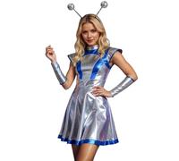 Womens Space Alien Costume Outer Space Cadet Cosplay Outfits Dress with Hairhoop Womens Alien Cosplay Costume Outer Space Shiny Metallic Cap Sleeves A-line Mini Dress
