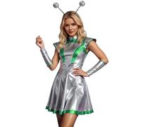 Womens Space Alien Costume Outer Space Cadet Cosplay Outfits Dress with Hairhoop Womens Alien Cosplay Costume Outer Space Shiny Metallic Cap Sleeves A-line Mini Dress 5u23