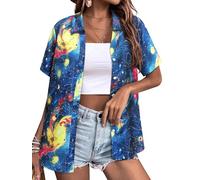 Womens Space Button Down Shirt Funny Astronaut Planet Galaxy Graphic Blouse, Starry Blue, XXL