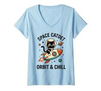 Women's Space Cadet Orbit & Chill Cute Astronaut Cat Riding Rocket V-Neck T-Shirt