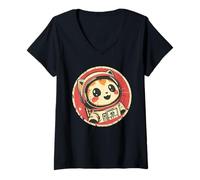 Womens Space Cat Kawaii Adventure Retro Vintage Astronaut V-Neck T-Shirt