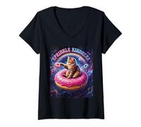 Women's Space Cat Sprinkle Kindness Donut Galaxy Rainbow V-Neck T-Shirt