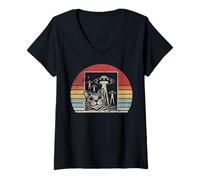 Womens Space Cat UFO Aliens Universe Whiskers Retro V-Neck T-Shirt