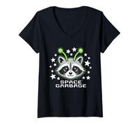 Women's Space Garbage Cute Raccoon Alien Halftone Space Typography V-Neck T-Shirt