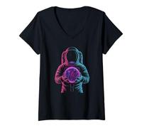 Women's Space Geology Astronaut Exploring a Radiant Banded Globe V-Neck T-Shirt