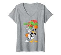 Women's Space Jam Looney Tunes Bugs Daffy Basketball Classic Heroes V-Neck T-Shirt