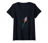 Women's Space Mission Rocket Launch into New Worlds V-Neck T-Shirt