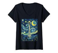 Women's Space Needle Seattle Starry Night Art History Present V-Neck T-Shirt