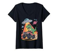 Womens Space Planets Alien UFO Dino Trex Monster Truck Dinosaur V-Neck T-Shirt