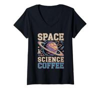 Women's Space Science Coffee Planet Rocket Astronomy V-Neck T-Shirt