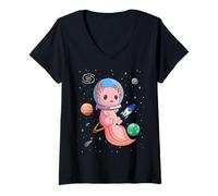 Women's Space Traveler Astronaut Floating in Space Axolotl V-Neck T-Shirt
