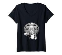 Women's Space UFO Cat Abduction Scene V-Neck T-Shirt