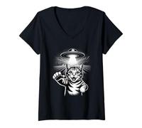 Women's Space UFO Cat Abduction Scene V-Neck T-Shirt