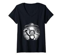 Women's Space UFO Cat Abduction Scene V-Neck T-Shirt