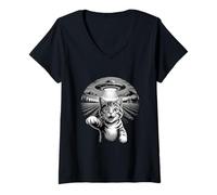 Women's Space UFO Cat Abduction Scene V-Neck T-Shirt